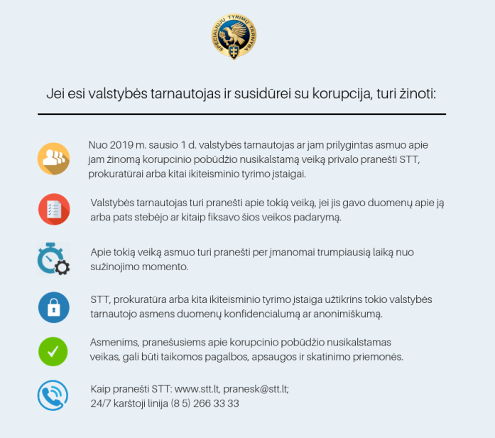 Valstybės tarnautojai privalo pranešti apie jiems žinomus korupcijos atvejus